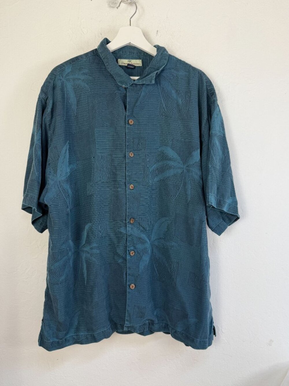 Tommy Bahama Mens Silk Hawaiian Shirt Blue Palm Tree Jacquard Camp Button Up XL